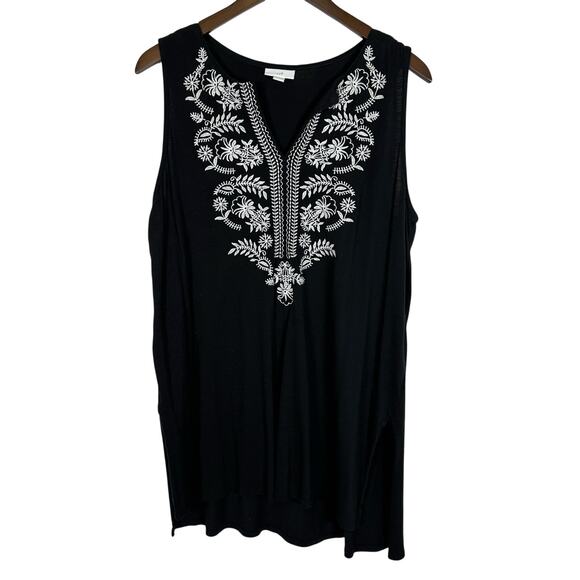 J Jill Black Tunic Sleeveless Tank Top Sz Large Floral Embroidered High Low‎ Hem - Picture 1 of 9